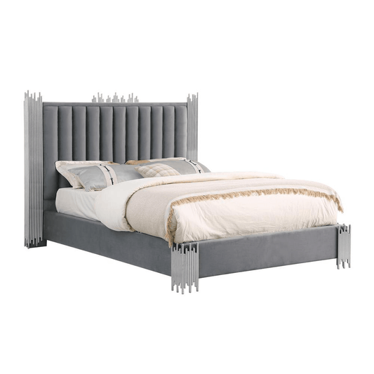 Eastern King size dark grey velvet platform bed with silver stainless steel corners and luxurious design.