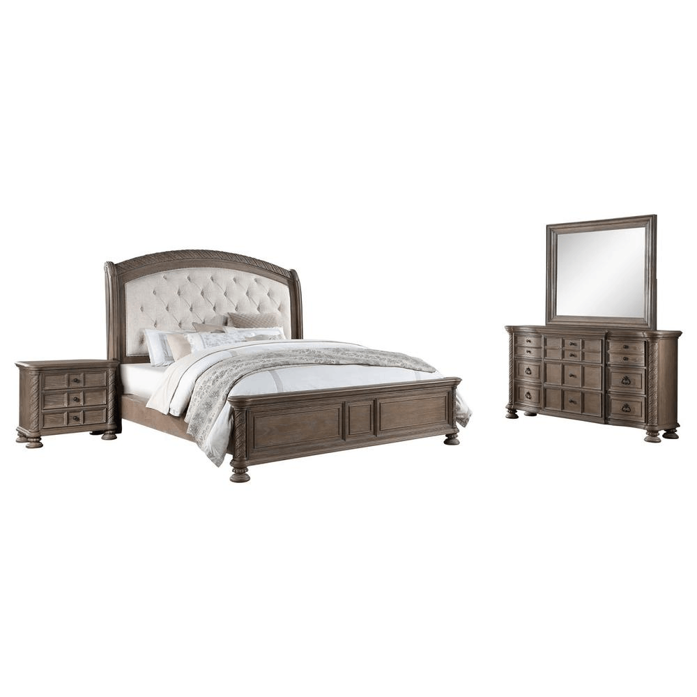 Emmett 4-piece Eastern King Bedroom Set in Walnut and Beige with Button-tufted Arched Headboard, Nightstands, and Dresser with Mirror
