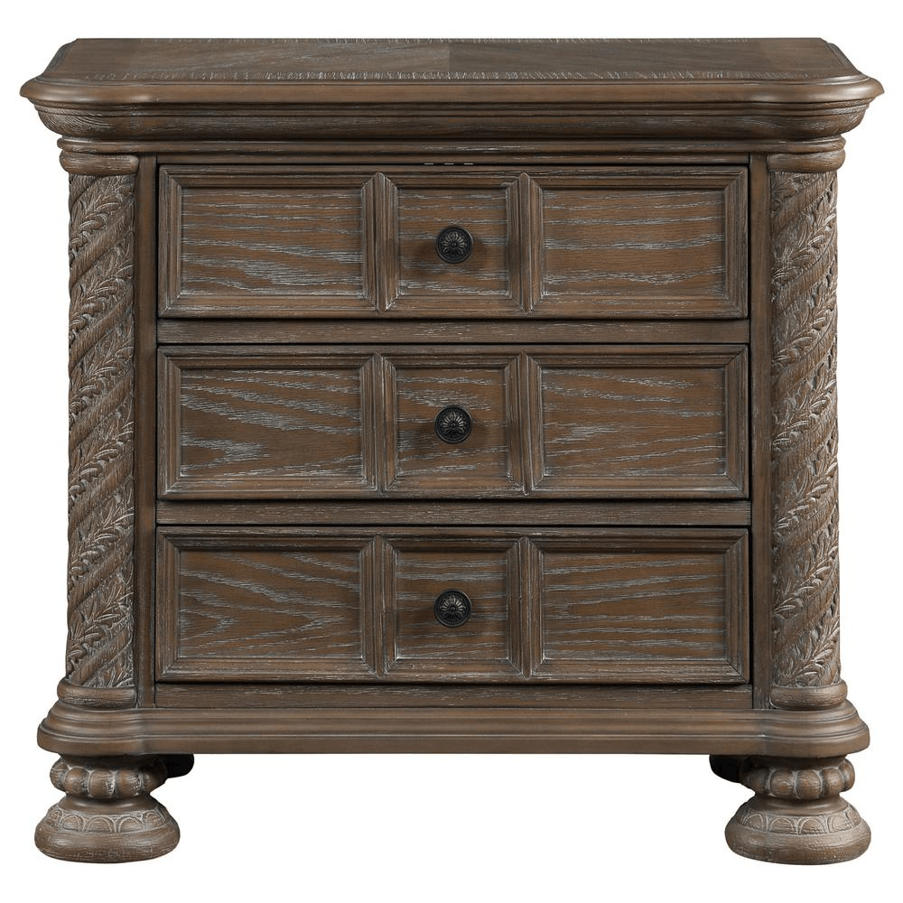 Transitional walnut nightstand with vintage faux wood carved columns, three drawers, and brown felt-lined top drawer for electronic charging.