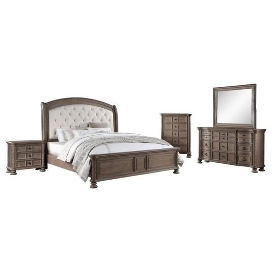 Emmett 5-piece Eastern King bedroom set in walnut and beige with tufted arched headboard, nightstands, dresser with mirror, and chest.