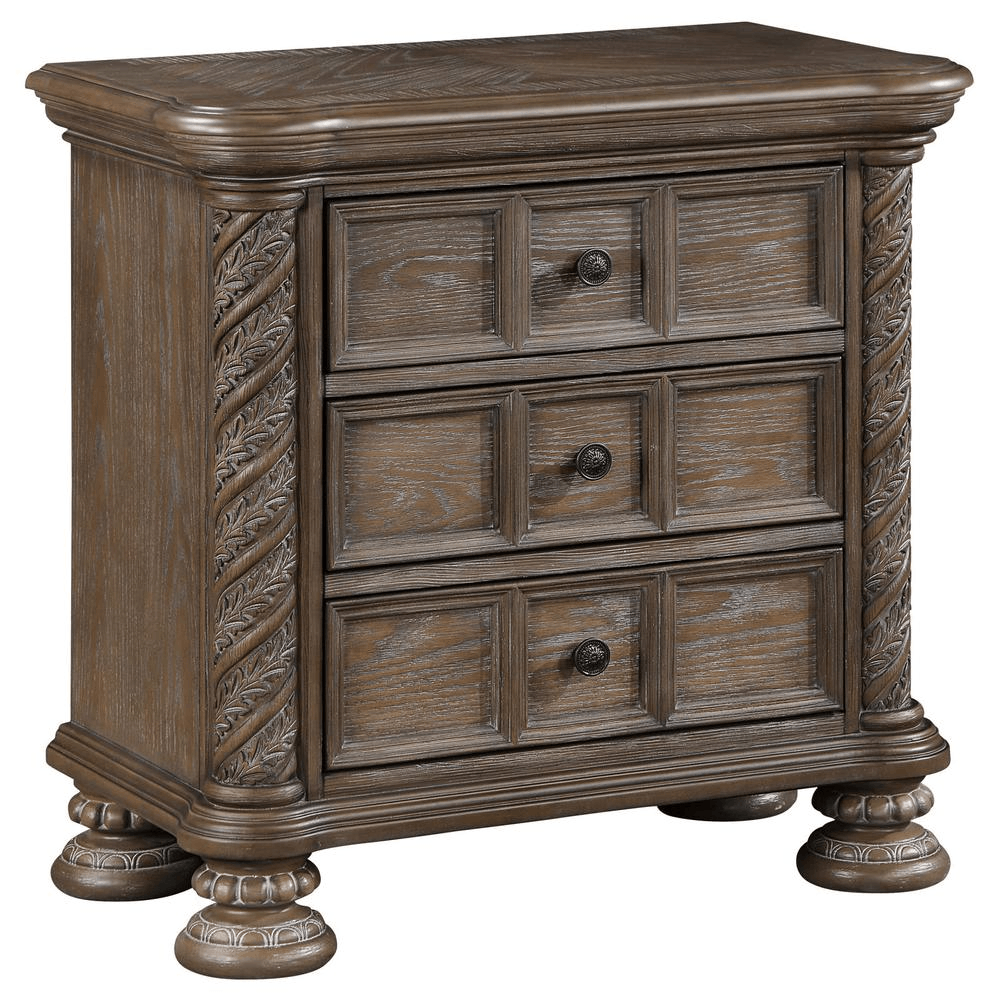 Walnut nightstand with three drawers, vintage finish, faux wood carved columns, and cord access for electronic charging in the top drawer.