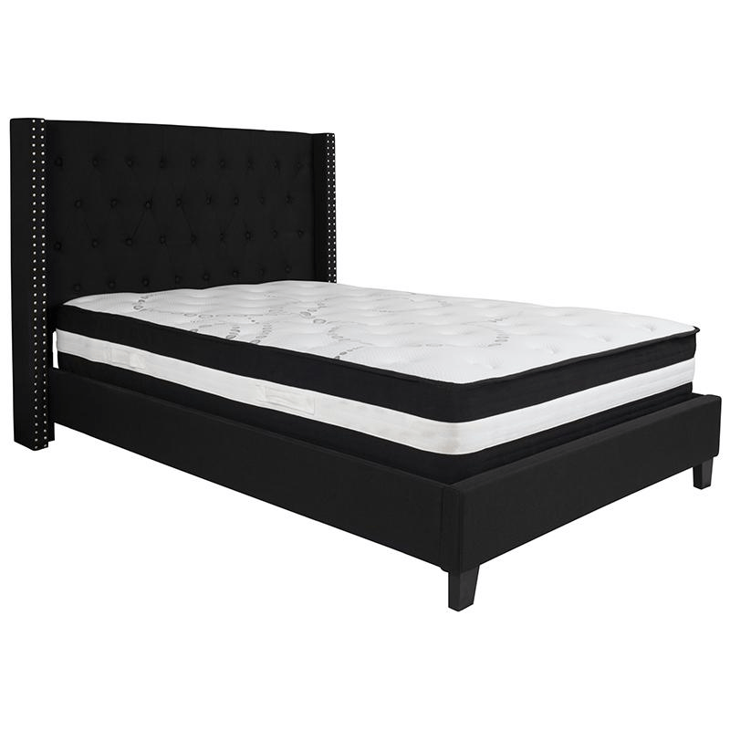 Full Size Platform Bed in Black Fabric with Pocket Spring Mattress 