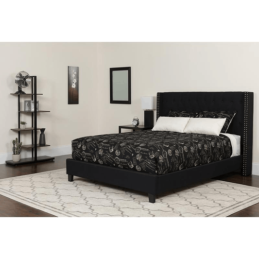 Full Size Platform Bed in Black Fabric with Pocket Spring Mattress 