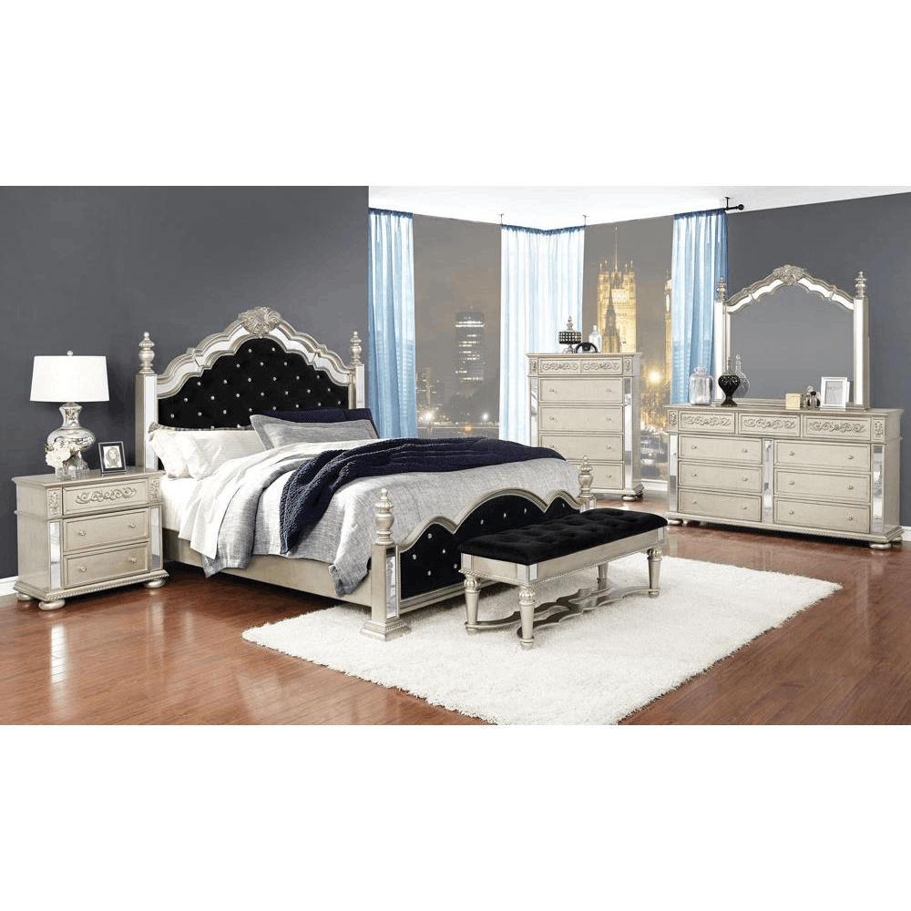 Heidi 5-piece Eastern King Tufted Upholstered Bedroom Set in Metallic Platinum finish with romantic traditional decor.
