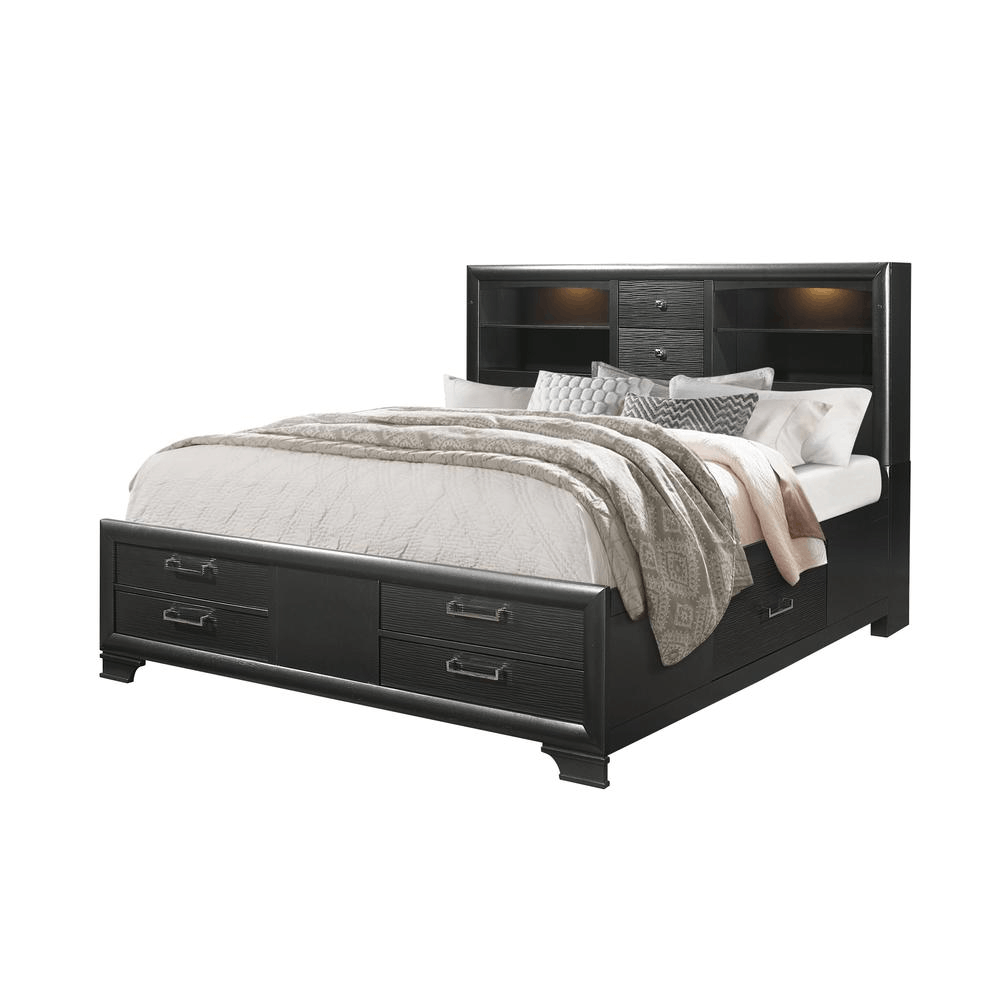 Jordyn Grey Full Bed with storage drawers, headboard lighting, and nickel hardware from Global Furniture USA.