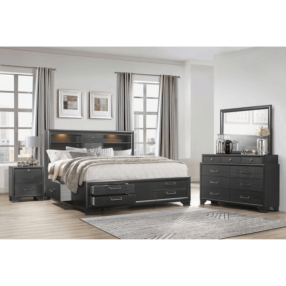 Jordyn Grey Full Bed Group with storage drawers and built-in headboard lighting from Global Furniture USA in a modern bedroom setting