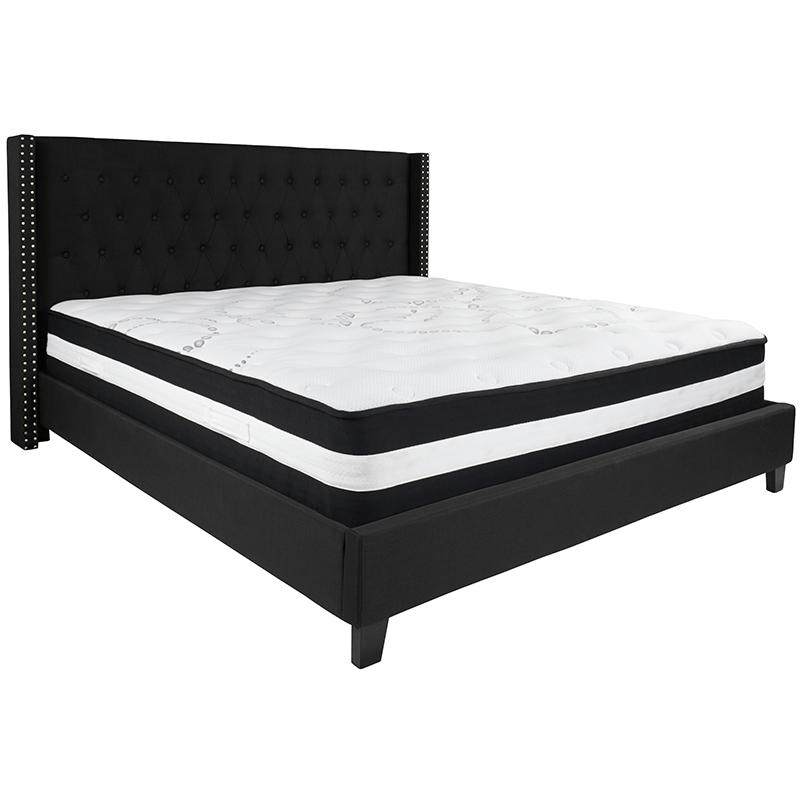 King Size Platform Bed in Black Fabric with Pocket Spring Mattress 
