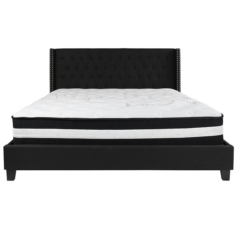King Size Platform Bed in Black Fabric with Pocket Spring Mattress 