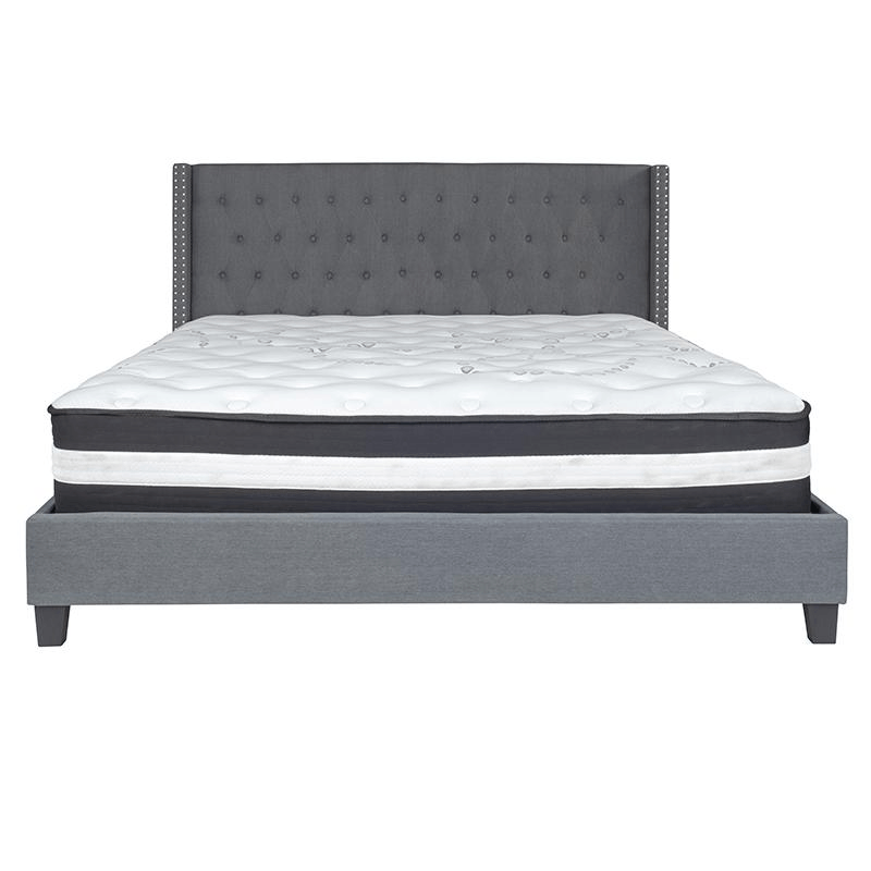 King Size Platform Bed in Dark Gray Fabric with Pocket Spring Mattress 
