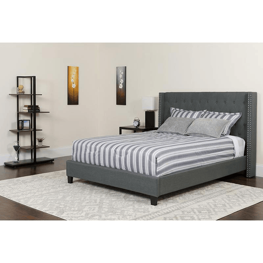 King Size Platform Bed in Dark Gray Fabric with Pocket Spring Mattress 