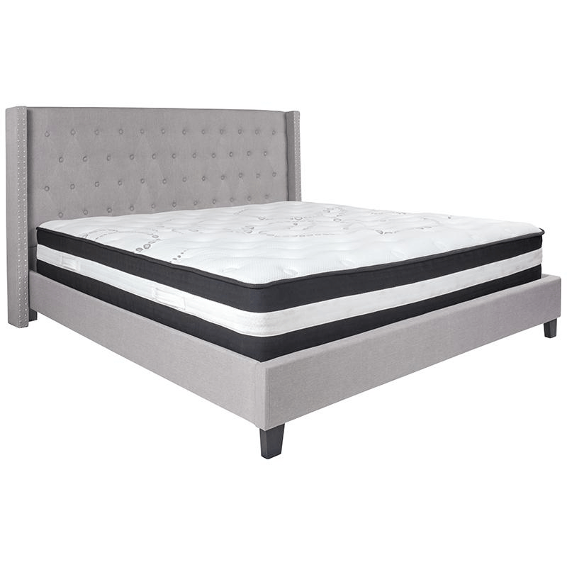 King Size Platform Bed in Light Gray Fabric with Pocket Spring Mattress 