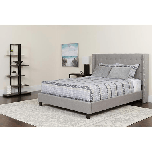 King Size Platform Bed in Light Gray Fabric with Pocket Spring Mattress 
