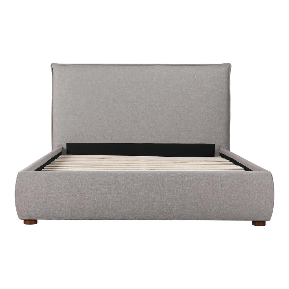 Grey upholstered Luzon King Bed with padded headboard, solid pine and engineered wood frame, featuring supportive slats and timeless design.