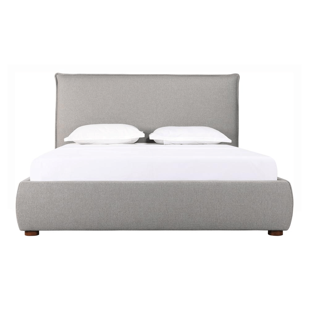 Luzon King Bed with padded headboard upholstered in soft linen-blend fabric, solid pine and engineered wood frame, neutral tone bedding