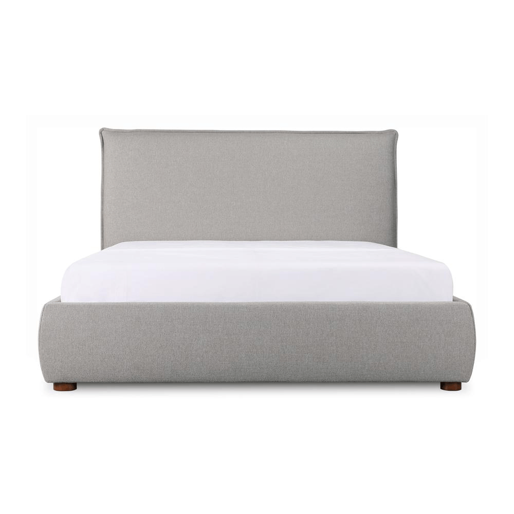 Luzon King Bed with padded headboard, upholstered in a soft linen-blend fabric, featuring solid pine and engineered wood frame.