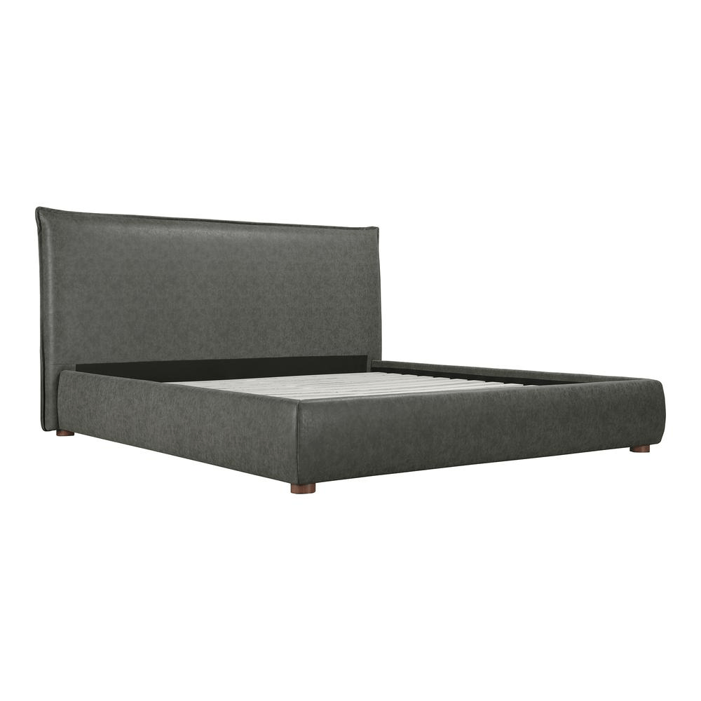 Luzon Queen Bed in Slate Vegan Leather with foam-padded headboard, solid pine and engineered wood frame, classic design, and neutral tone.