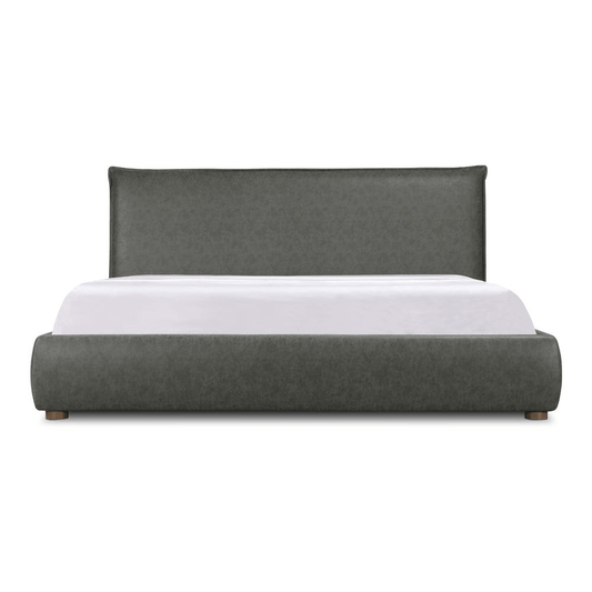 Luzon Queen Bed in Slate Vegan Leather with Padded Headboard and Solid Pine Frame