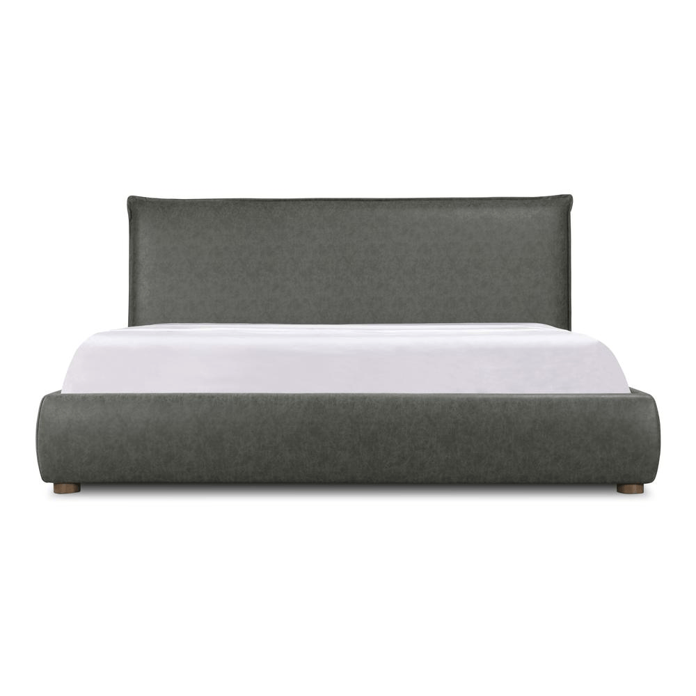 Luzon Queen Bed upholstered in slate vegan leather with padded headboard and solid wood frame showcasing a timeless, classic design.