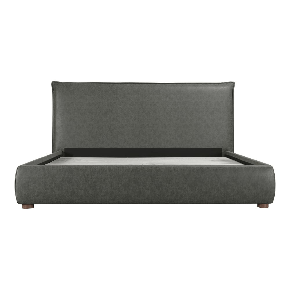 Luzon Queen Bed in Slate Vegan Leather with Padded Headboard and Solid Pine Frame.