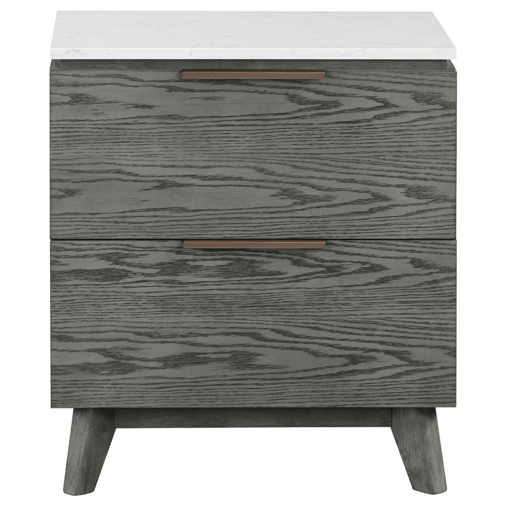 Grey wood nightstand with white marble top and copper handles, part of the Nathan 5-piece Eastern King Bedroom Set