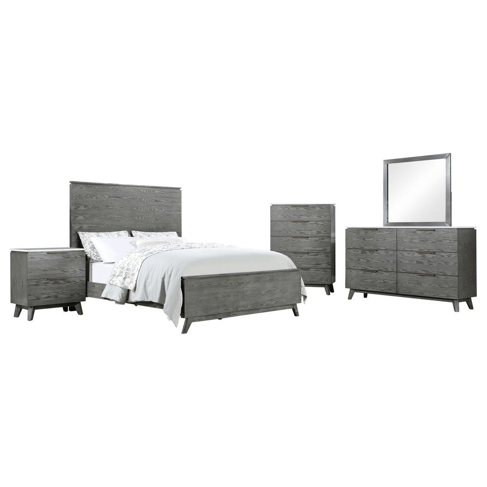 Nathan 5-piece Eastern King Bedroom Set in White Marble and Grey with Contemporary Design and Copper Pull Handles