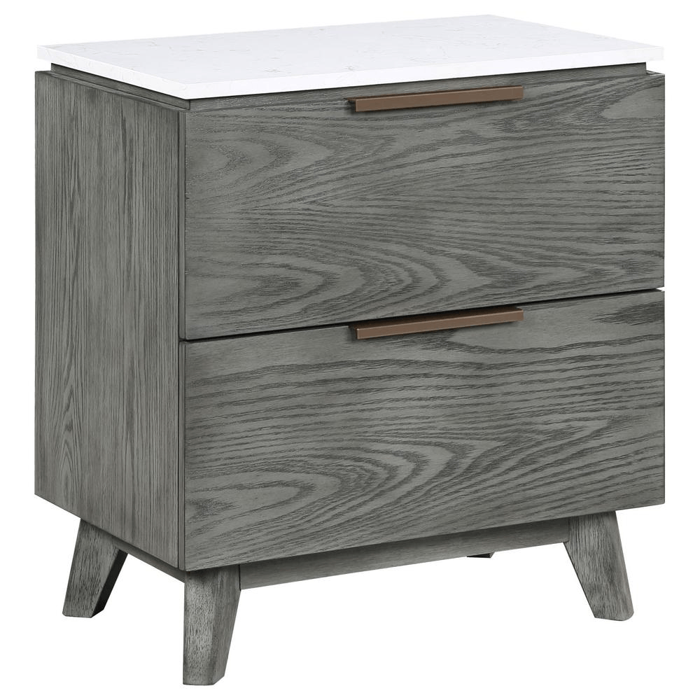Grey nightstand with 2 drawers, white marble top, and copper pull handles in Nathan 5-piece Eastern King Bedroom Set