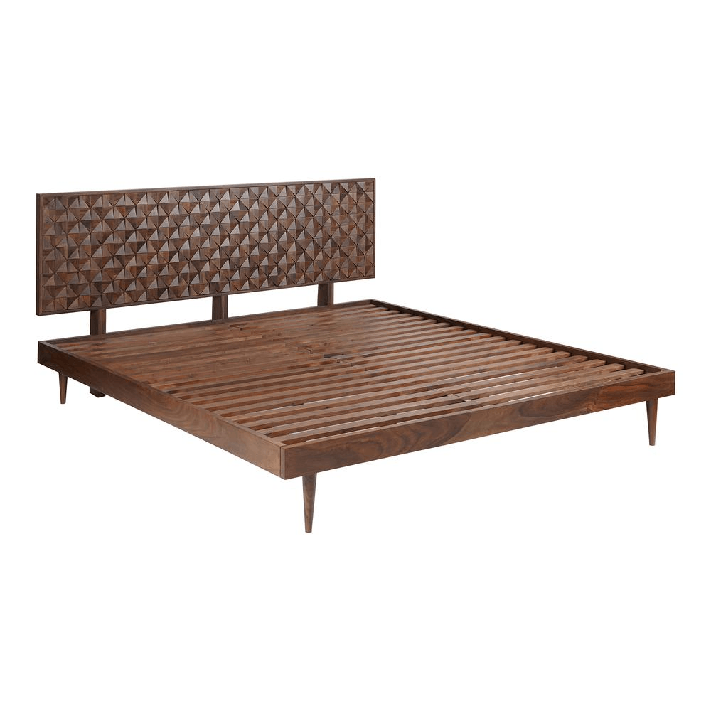 Pablo King Bed crafted in solid Sheesham wood with dark walnut finish and intricately designed headboard for bedroom warmth.