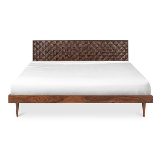 Pablo King Bed with solid Sheesham wood, intricately designed headboard, and dark walnut finish, adding warmth to bedroom decor.