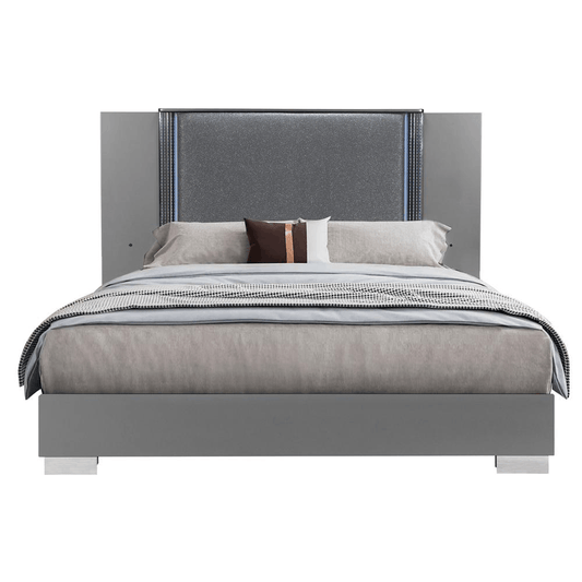 Modern Ylime Silver Queen Bed with LED Accents and Chrome Details